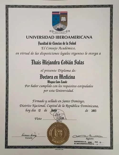 Medical Degree – Dr. Thais Alejandra Cobián Salas
